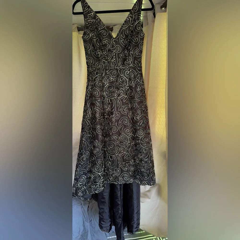 Calvin Klein Black High Low Evening Gown with Silver Swirl Embroidery